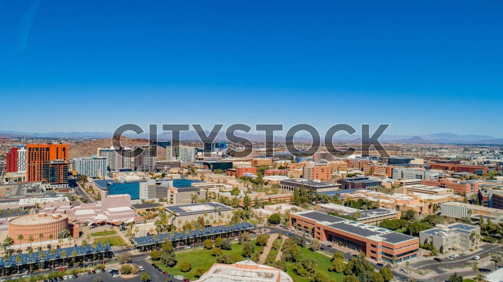 Aerial view of Tempe, AZ showcasing modern architecture and blue skies