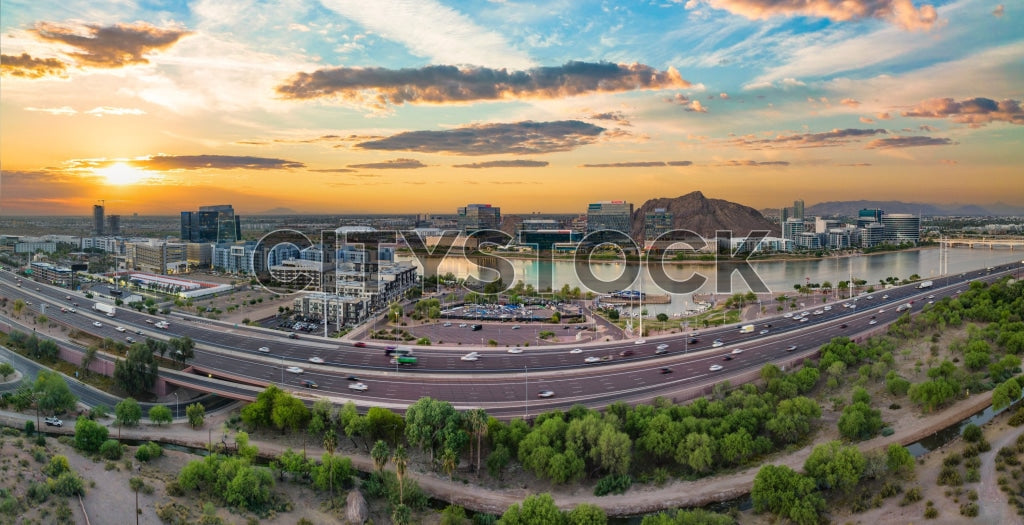 Aerial view of Tempe, Arizona at sunrise with vibrant cityscape