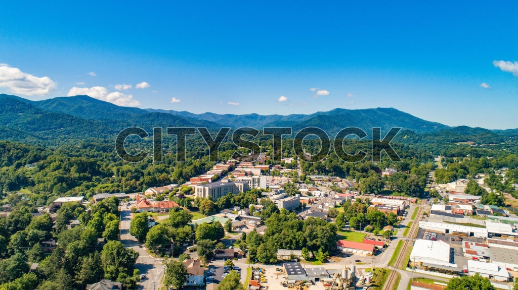 Aerial view of Waynesville, NC showing mountain surroundings