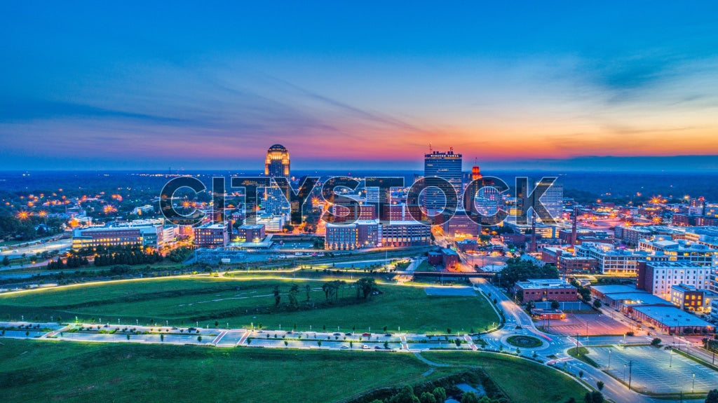 Aerial view of Winston-Salem NC city lights at twilight