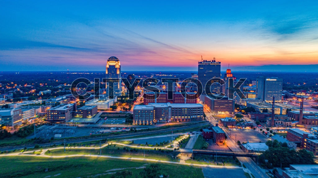 Aerial view of Winston Salem skyline during twilight, NC